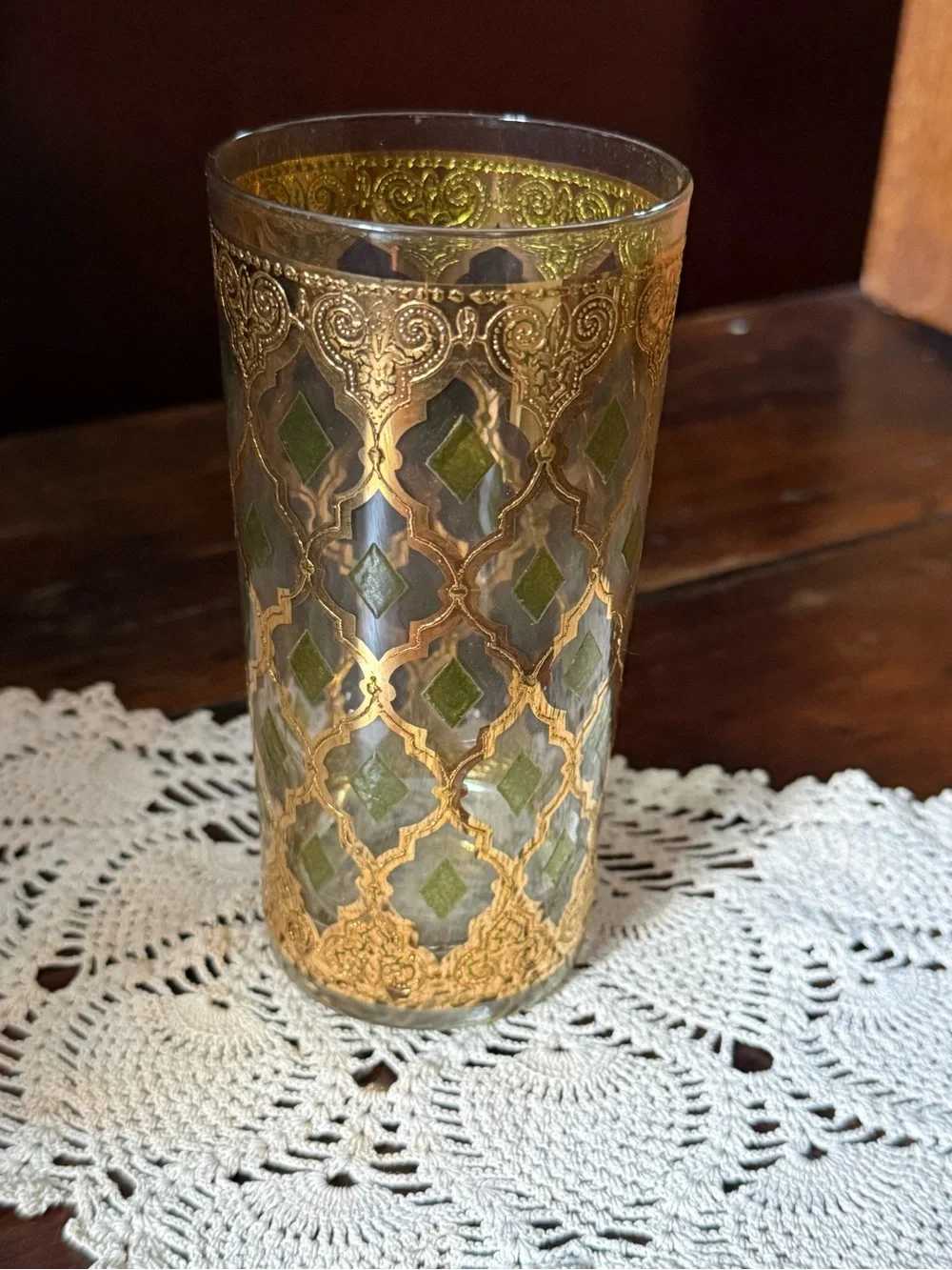 MCM Culver Valencia Pattern High Ball Glass with Gold and Green